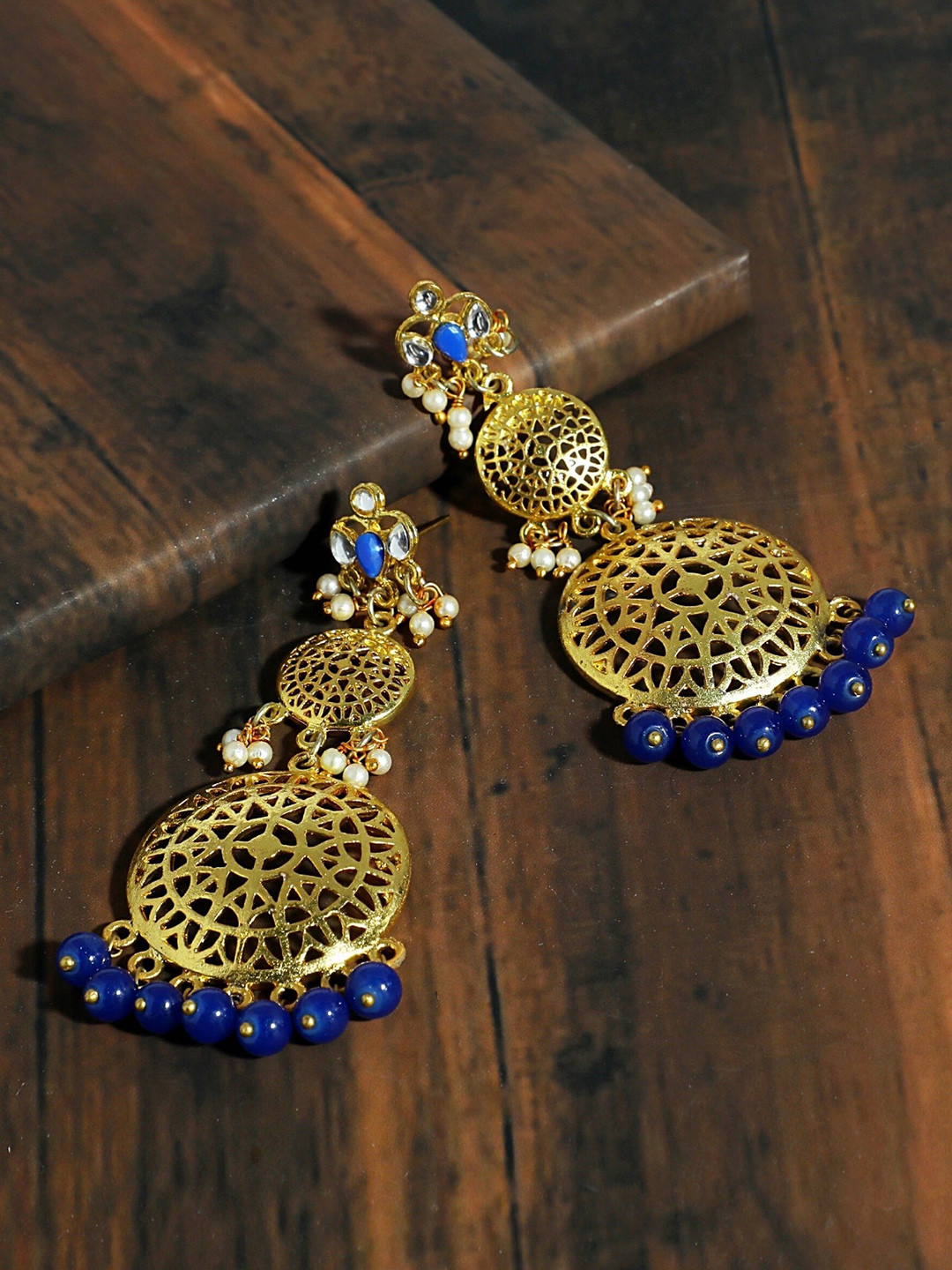 KARATCART Blue & Gold-Plated Circular Drop Earrings