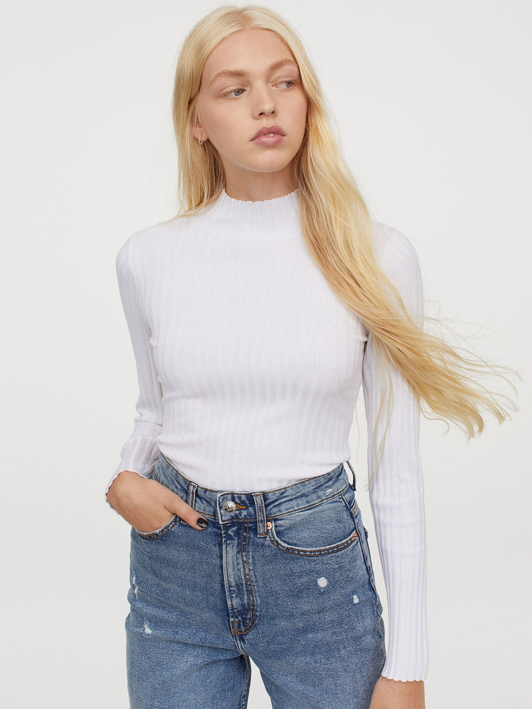 Buy H M Women White Ribbed Polo Neck Jumper Tops for Women