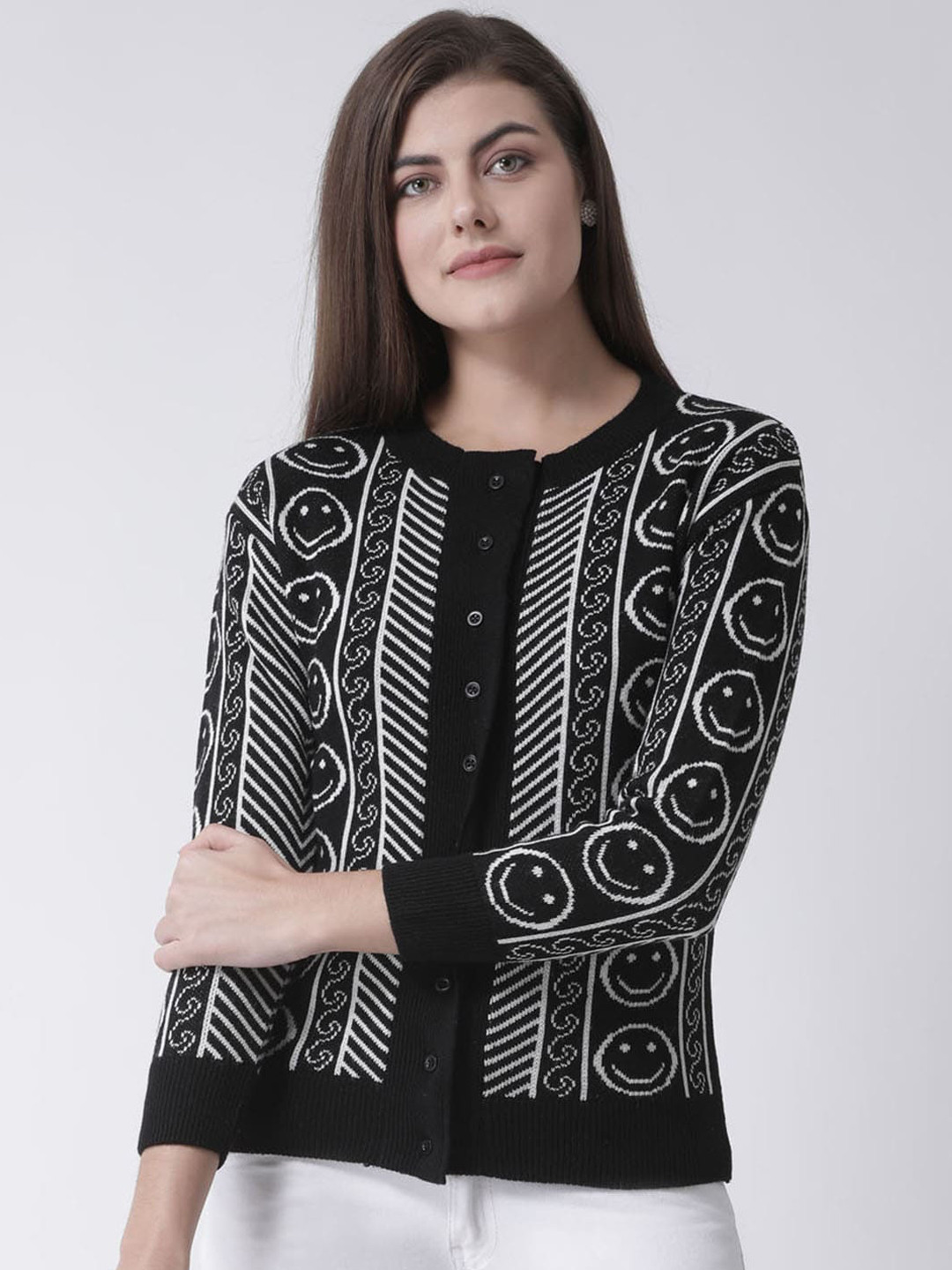 Club York Women Black Printed Cardigan Sweater