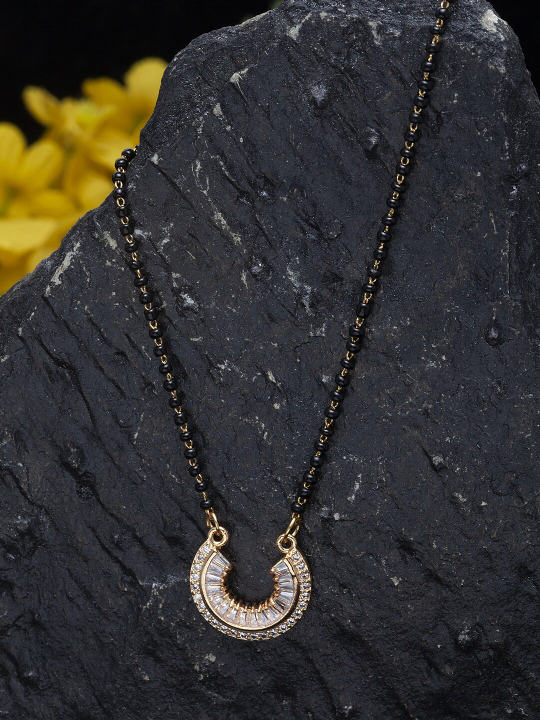 Bhana Fashion Gold-Plated Black & White AD-Studded Beaded  Mangalsutra