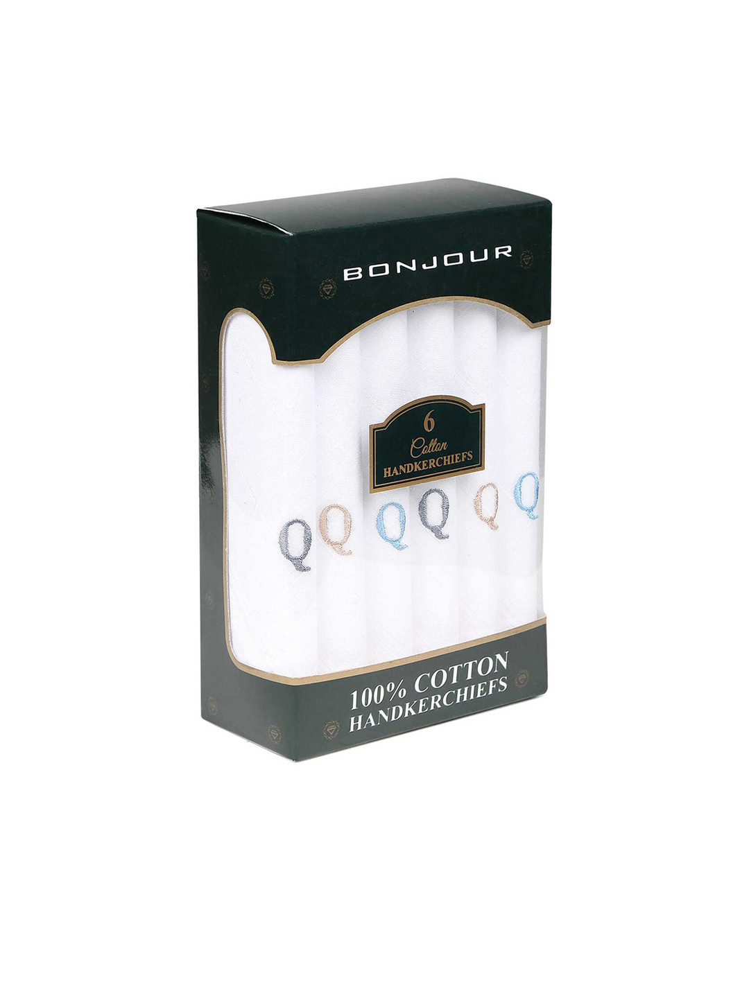 Bonjour Men Pack Of 6 White Solid Handkerchiefs Gift Set with Q Initials