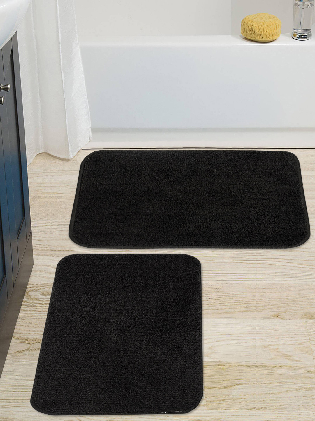 Saral Home Set Of 2 Black Solid 110 GSM  Anti-Skid Bath Rugs
