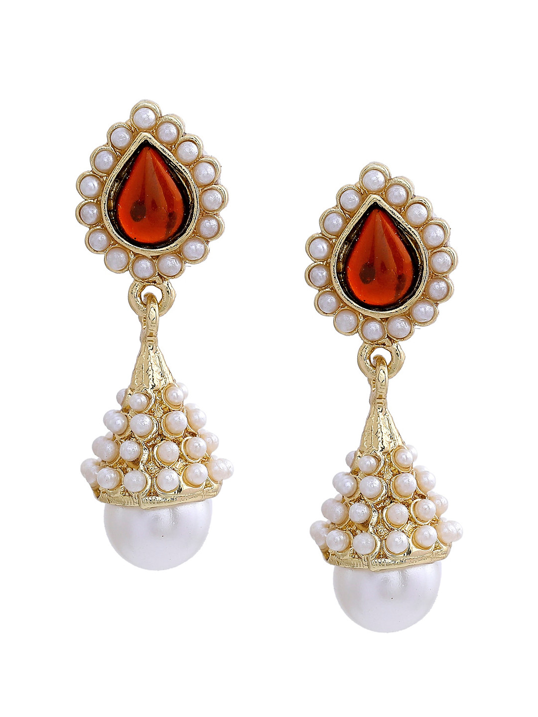 Estele Gold-Toned & Maroon Teardrop Shaped Drop Earrings