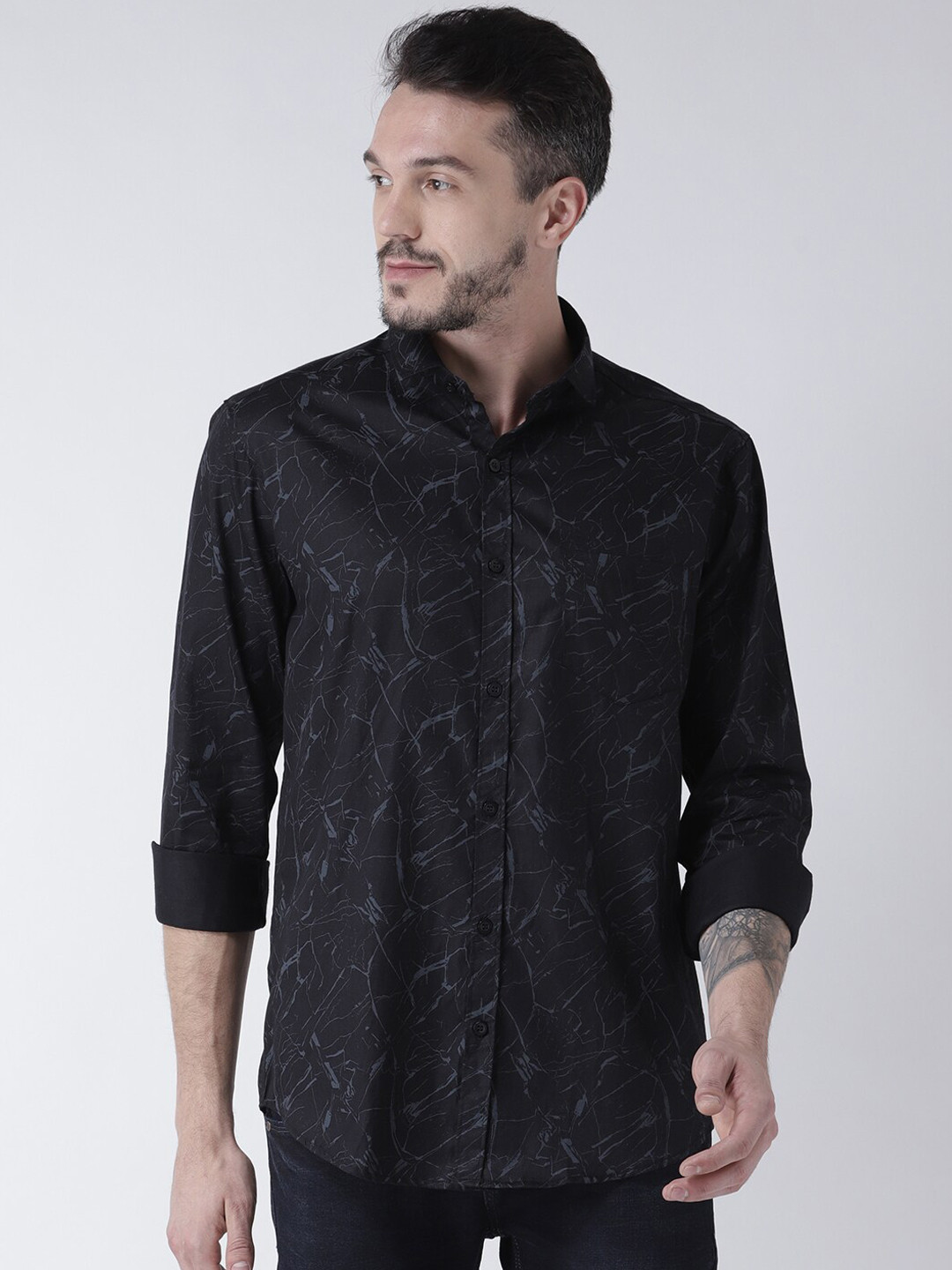 Routeen Men Black Modern Slim Fit Printed Casual Shirt