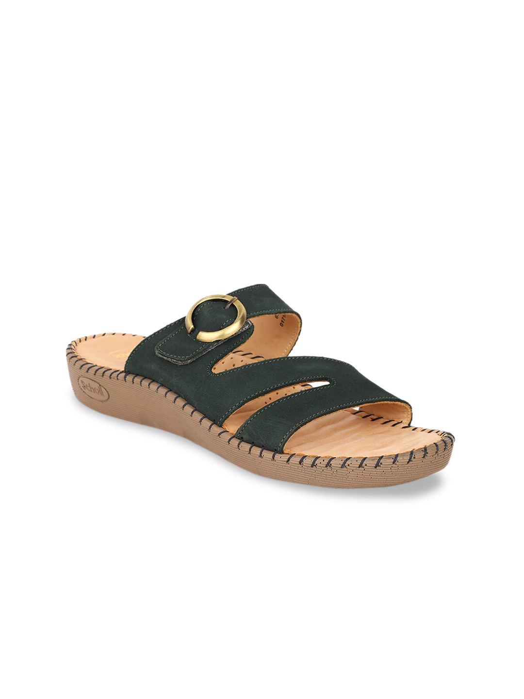 Scholl Women Green Solid Leather Open Toe Flats