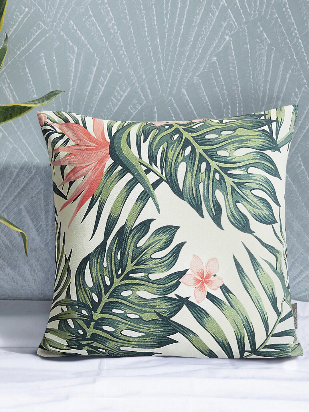 PETAL HOME Off-White & Green Tropical Print Single Floral Square Cushion Cover