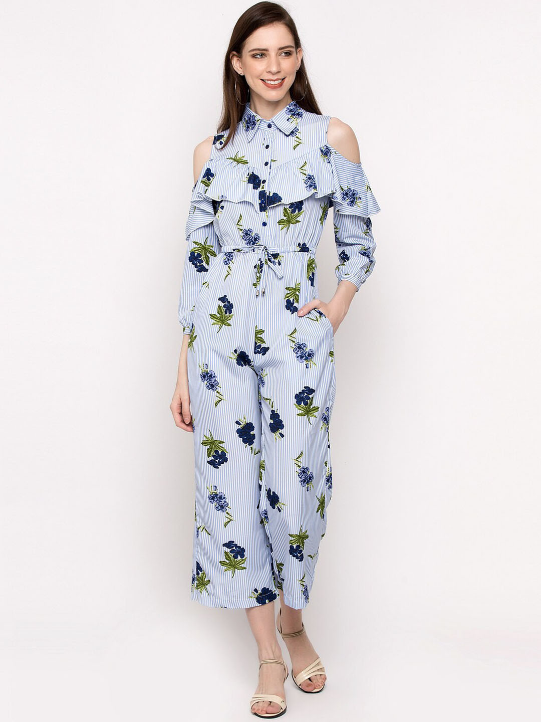 Slenor Women Blue & Green Printed Basic Jumpsuit