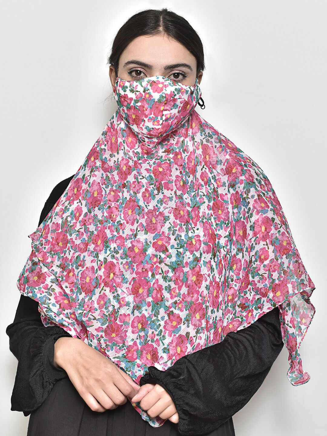 SWAYAM Women Pink & Green Floral Printed 3-Ply Reusable Adjustable Face Mask With Scarf