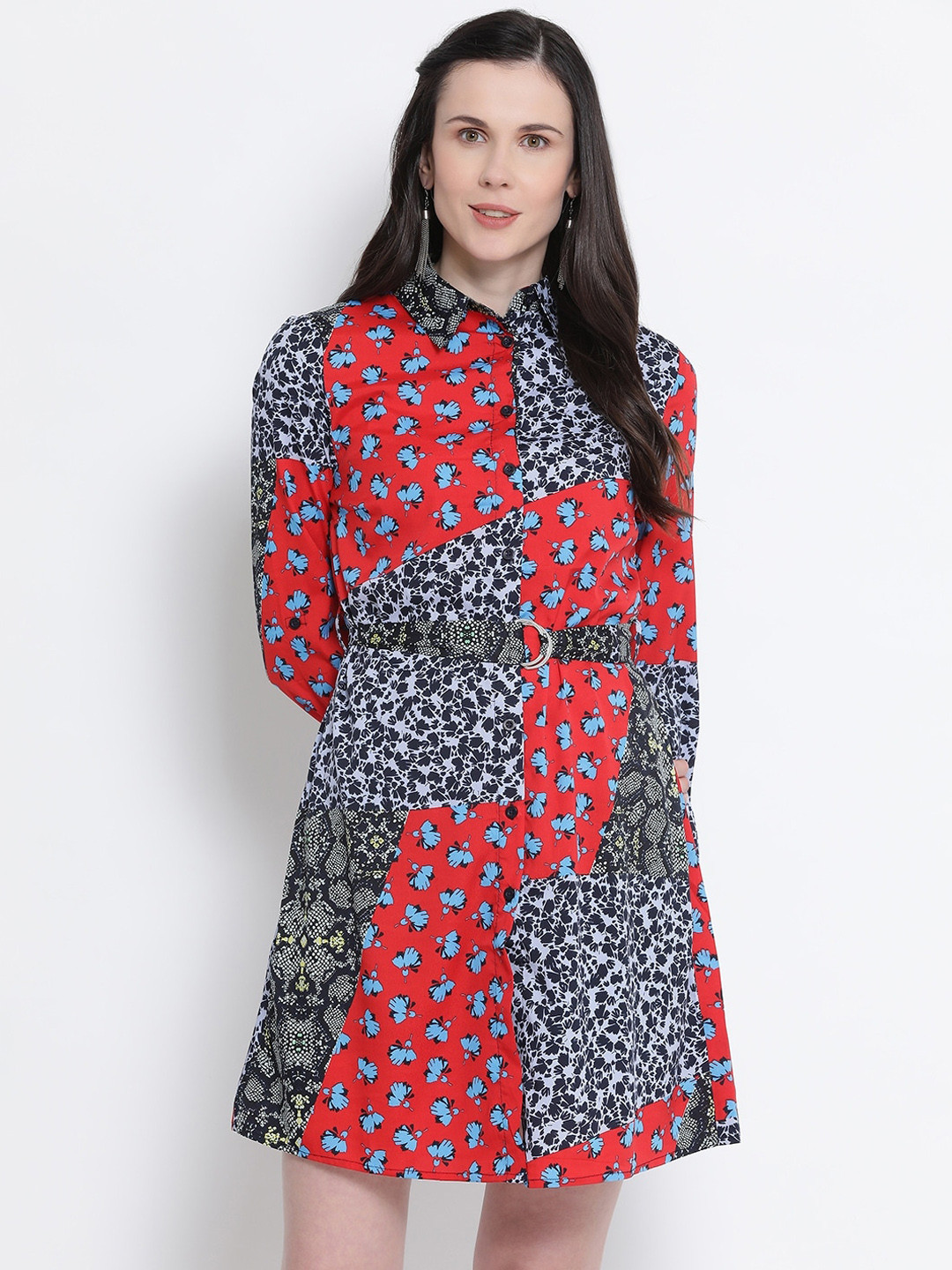 Oxolloxo Women Red & Blue Printed Shirt Dress