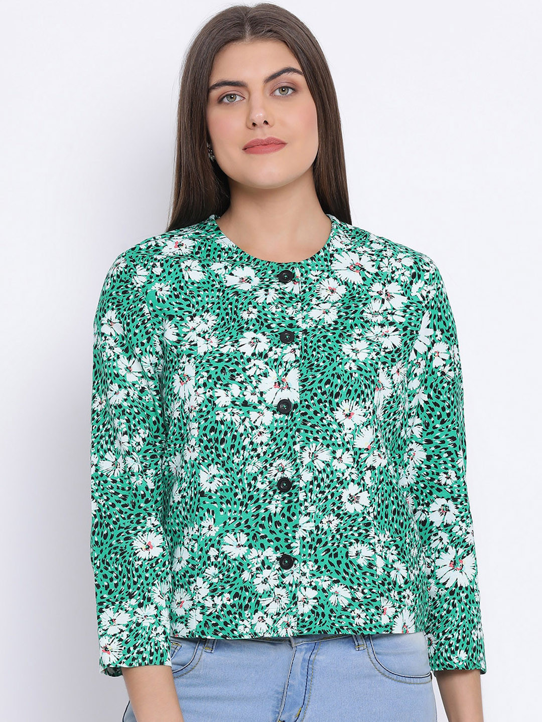 Oxolloxo Women Green & White Floral Print Tailored Jacket