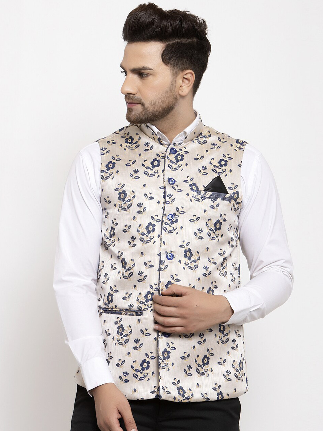 KLOTTHE Men Off-White & Blue Printed Nehru Jacket