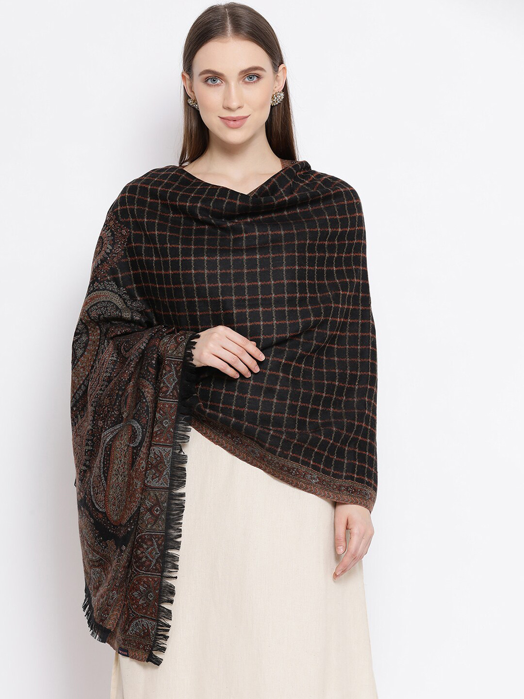 SHINGORA Women Black & Gold-Toned Woven Design Antique Jamawal Kani Stole