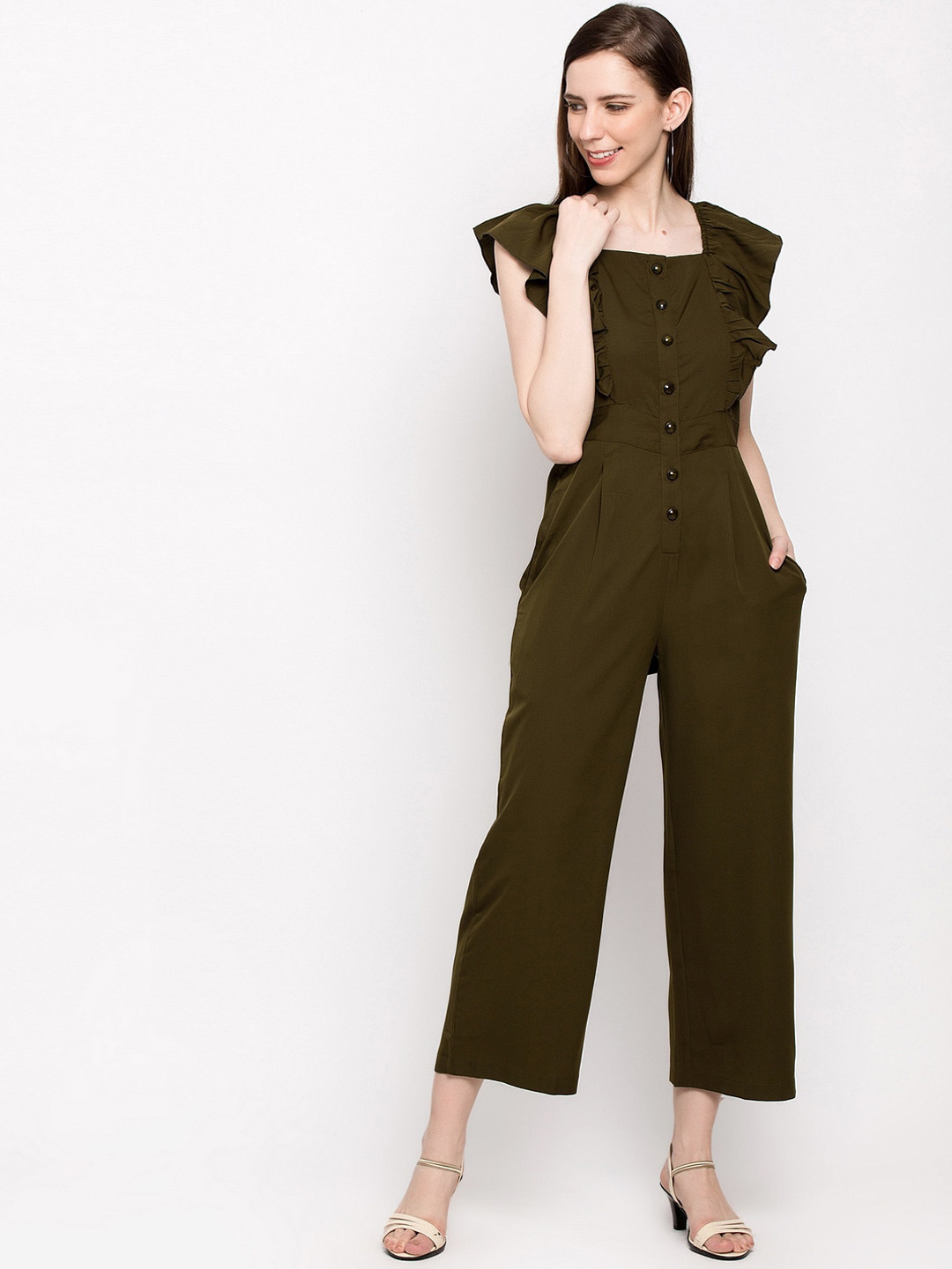 Slenor Women Olive Green Solid Basic Jumpsuit