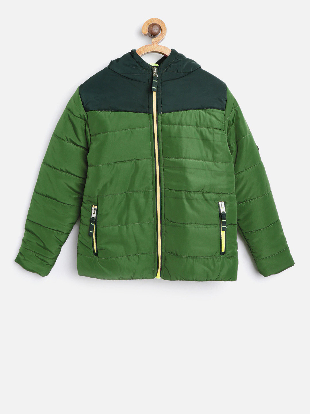 Cherry Crumble Boys Green Colorblock Quilted Hooded Jacket