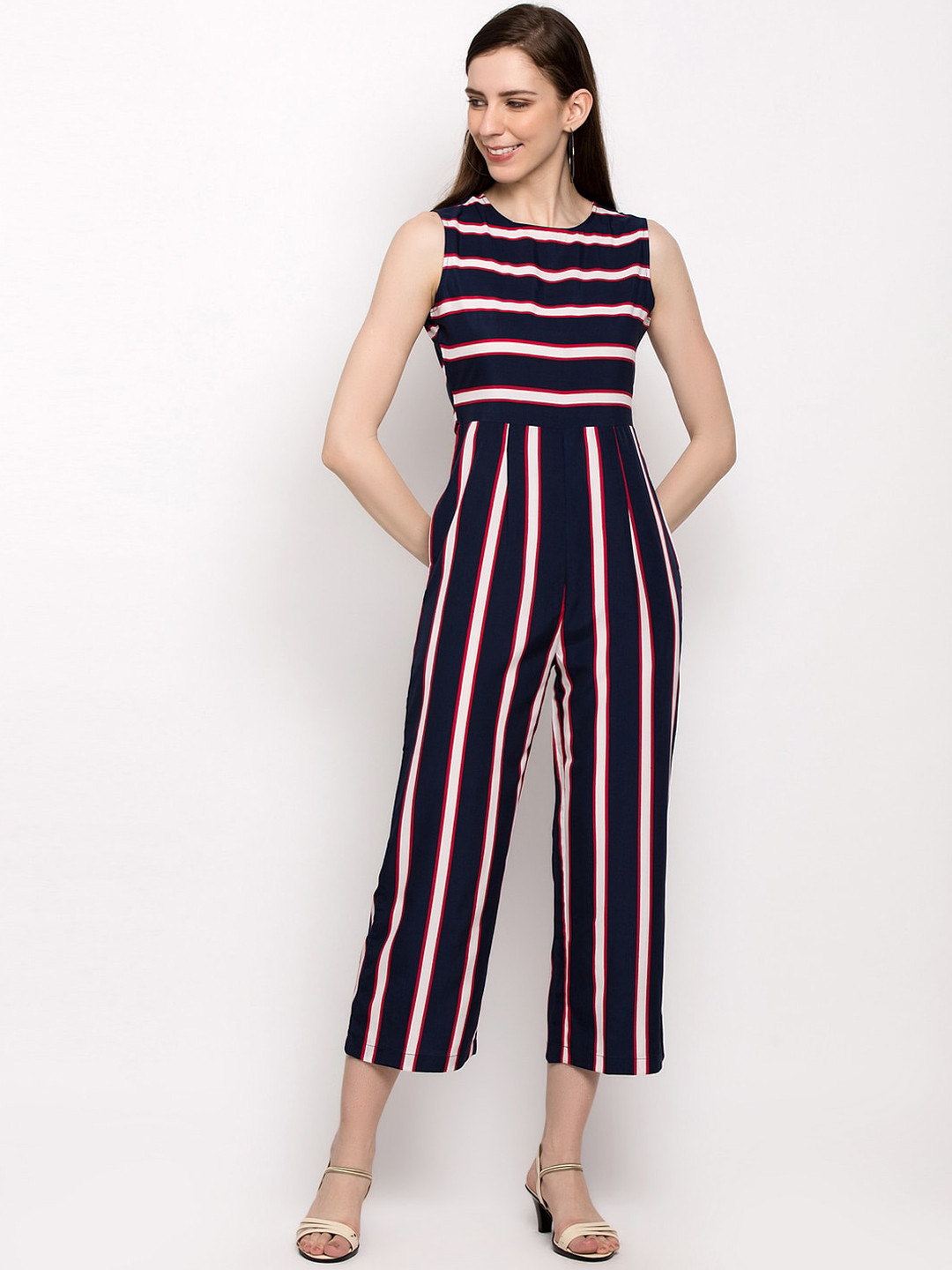 Slenor Women Navy Blue & Pink Striped Capri Jumpsuit