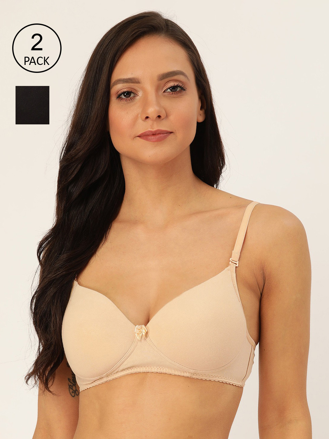 Lady Lyka Pack Of 2 Solid Non-Wired Lightly Padded T-shirt Bra WHITE-ROSE-SKN-BLK