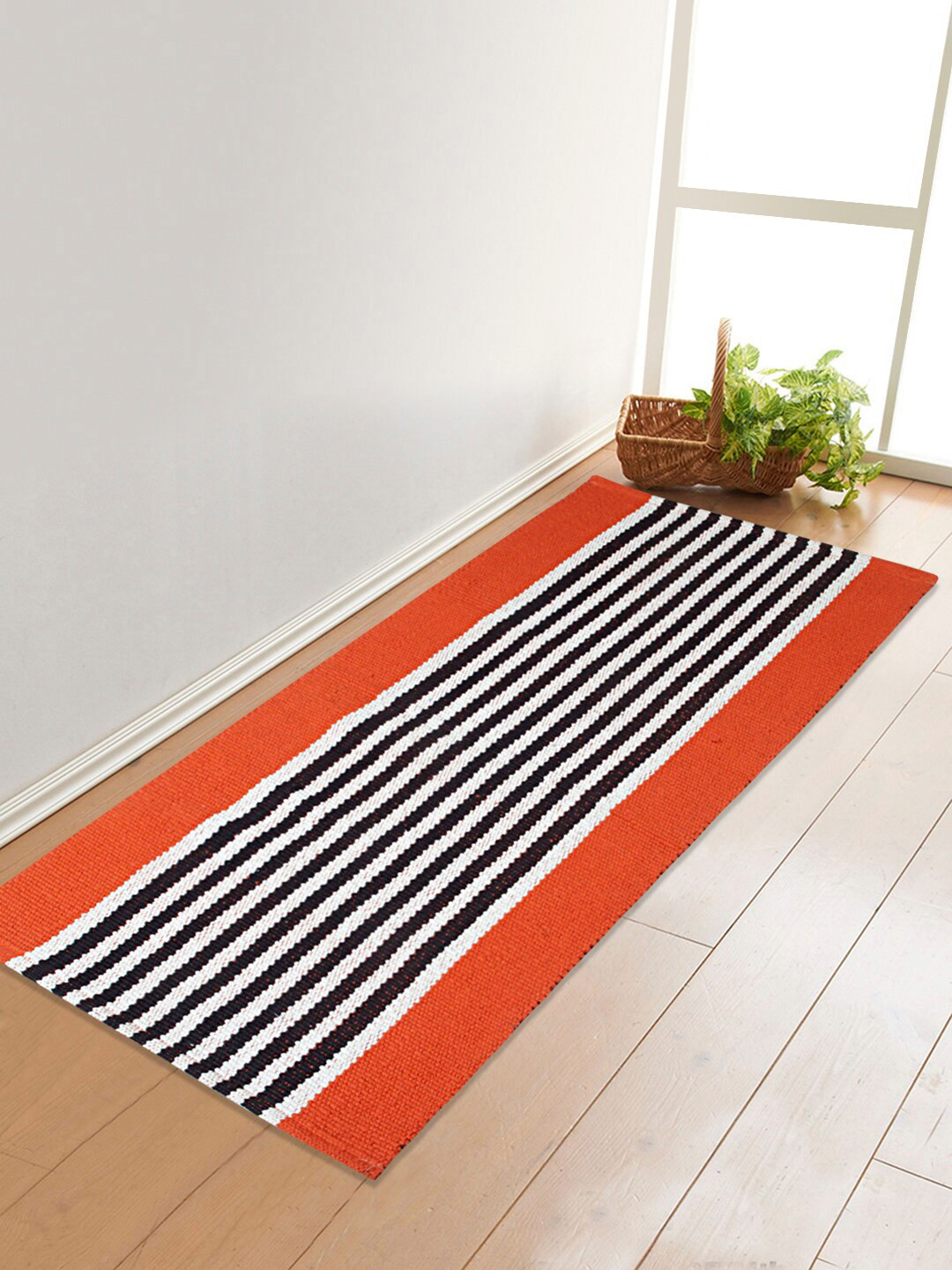 Saral Home Orange & Black Striped Pure Cotton Multi-Purpose Runner