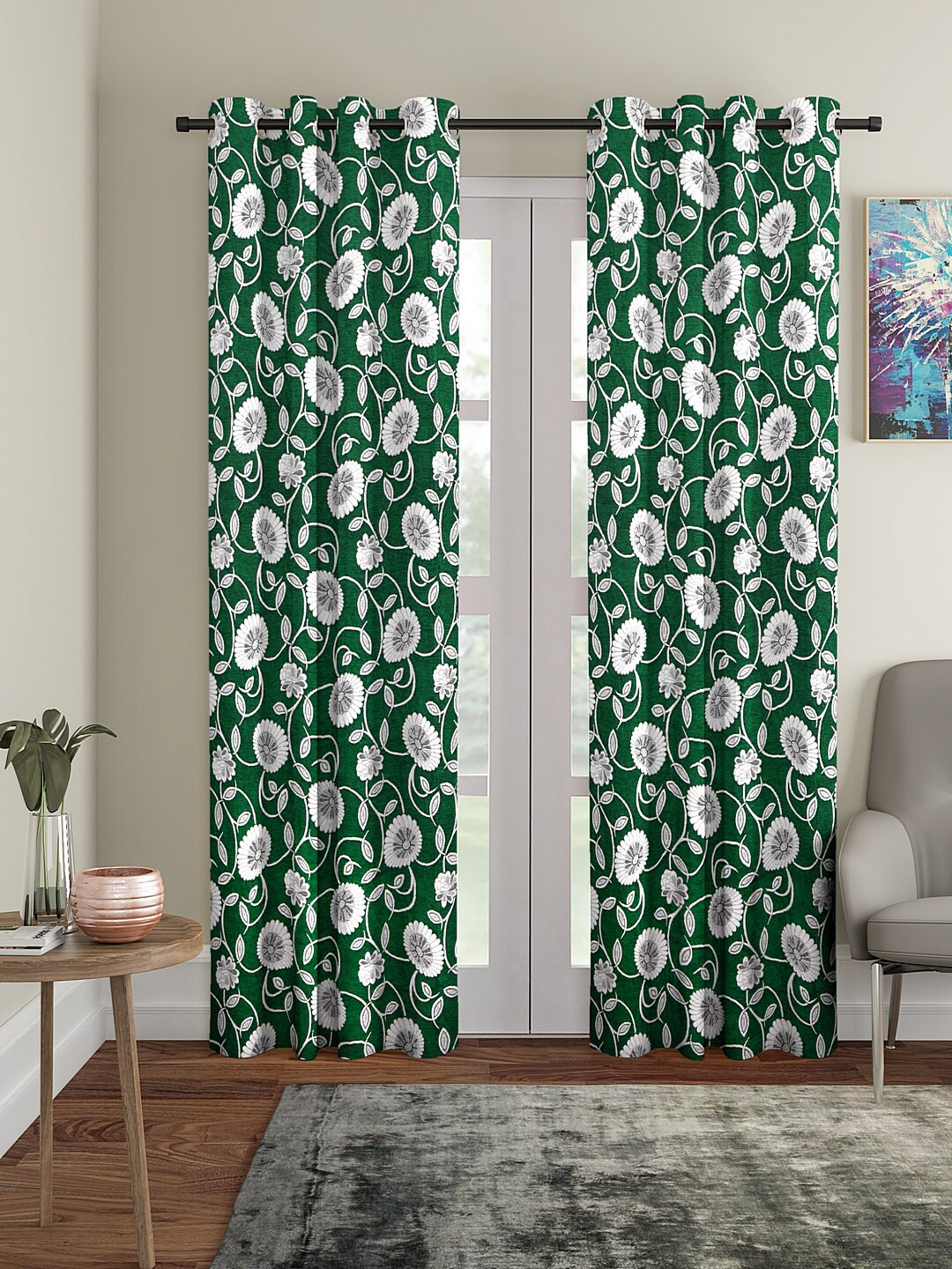 KLOTTHE Set of 2 Green & Off-White Jacquard Curtains