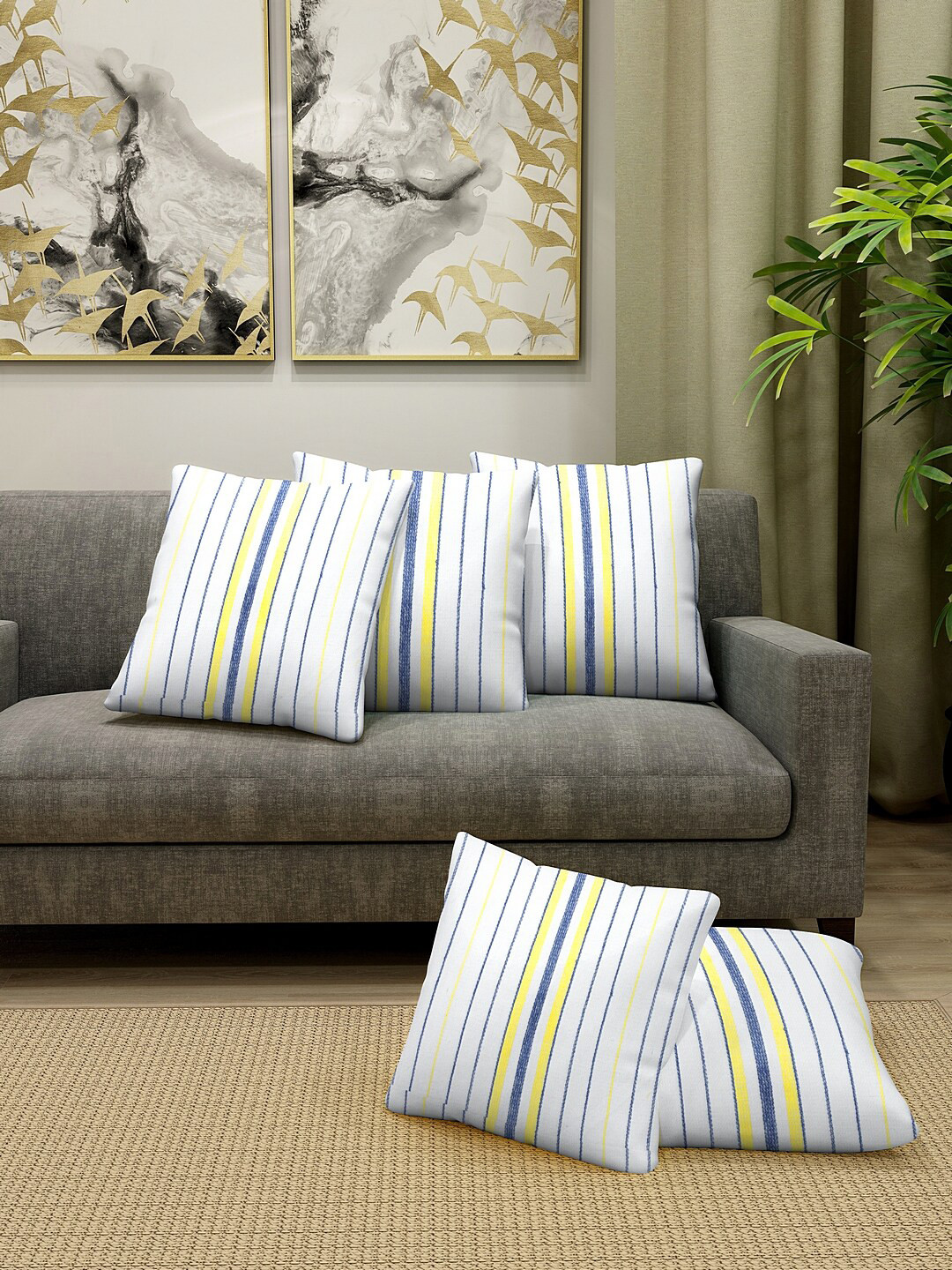 KLOTTHE White Striped Cotton Washable 5 Piece Embroidered Square Cushion Covers -16x16In