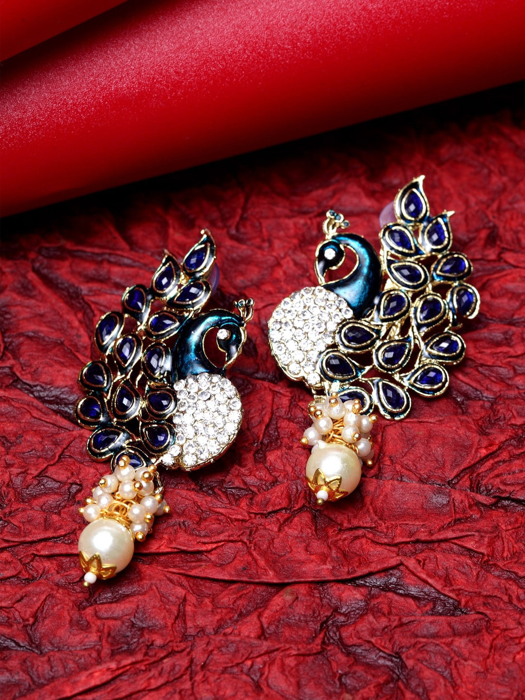 ANIKAS CREATION Gold-Toned & Blue Peacock Shaped Drop Earrings