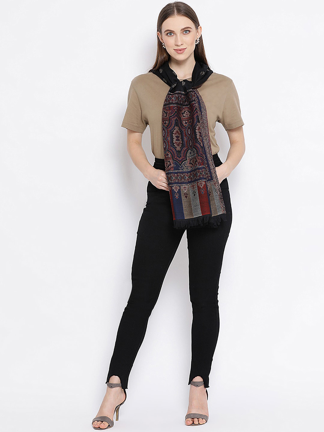 SHINGORA Women Black Woolen Woven Design Stole