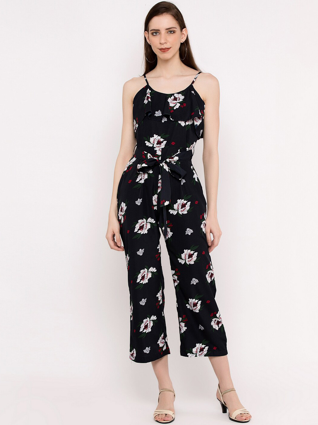 Slenor Women Navy Blue Printed Capri Jumpsuit