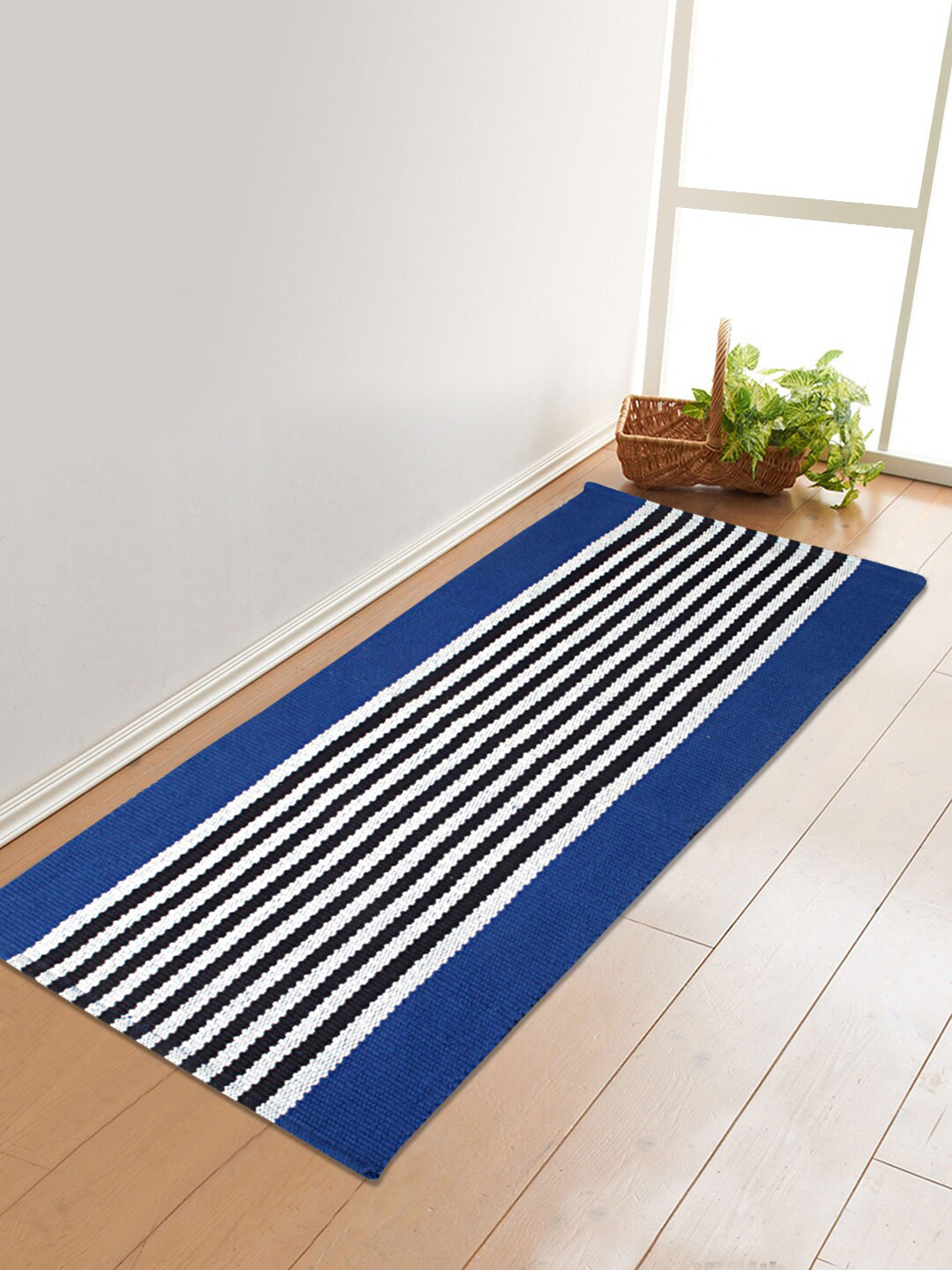 Saral Home Blue & Black Striped Pure Cotton Multi-Purpose Floor Runner