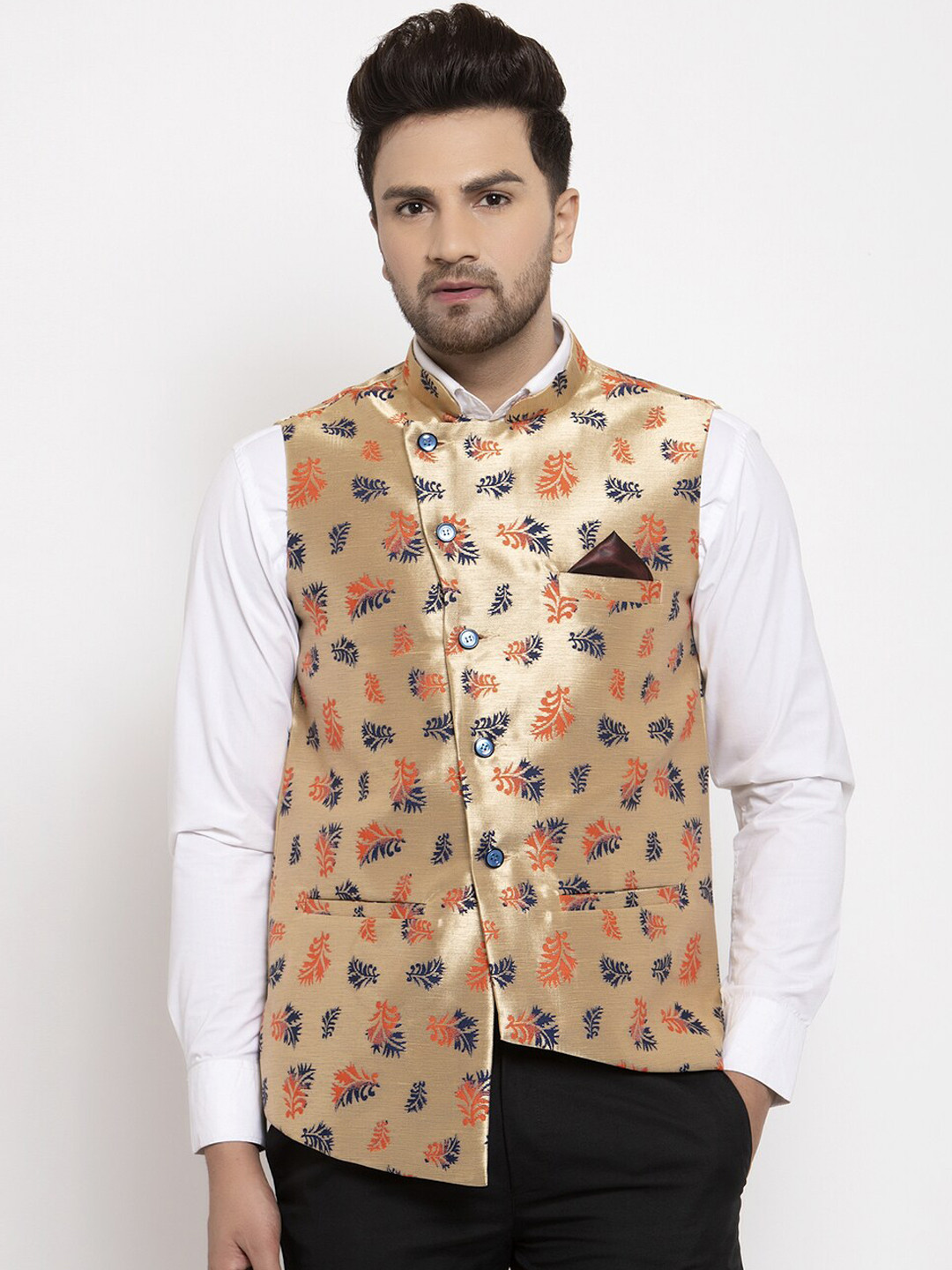 KLOTTHE Men Gold-Colored & Blue Woven Design Nehru Jacket