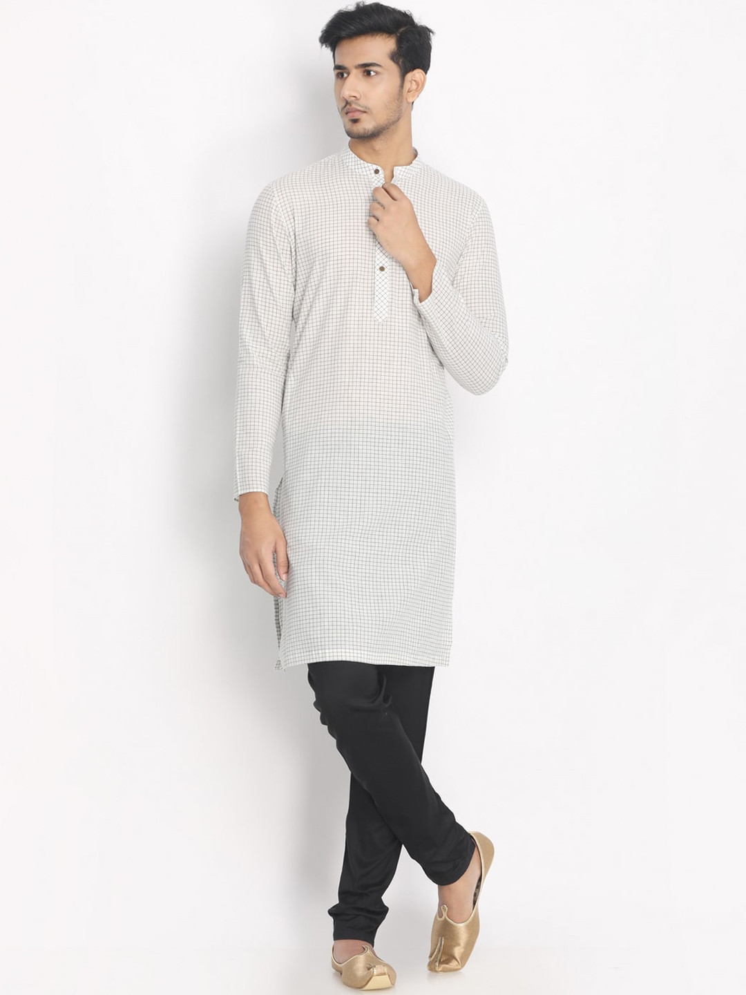 Manyavar Men White & Black Checked Straight Kurta
