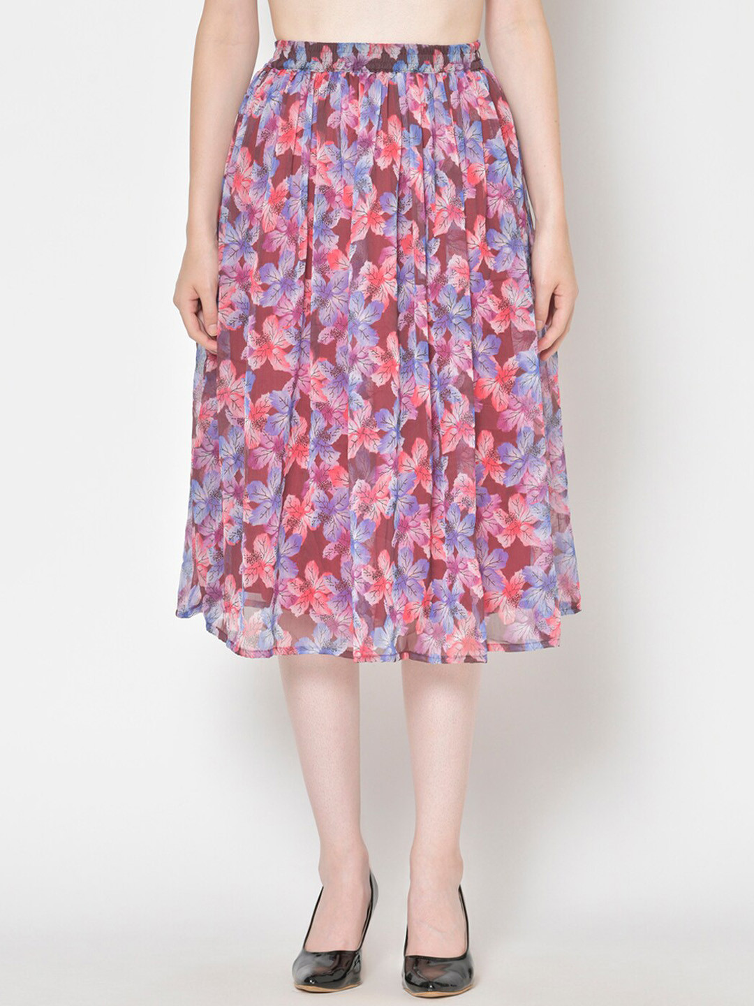 Cation Women Blue & Mauve Printed Flared Midi Skirt