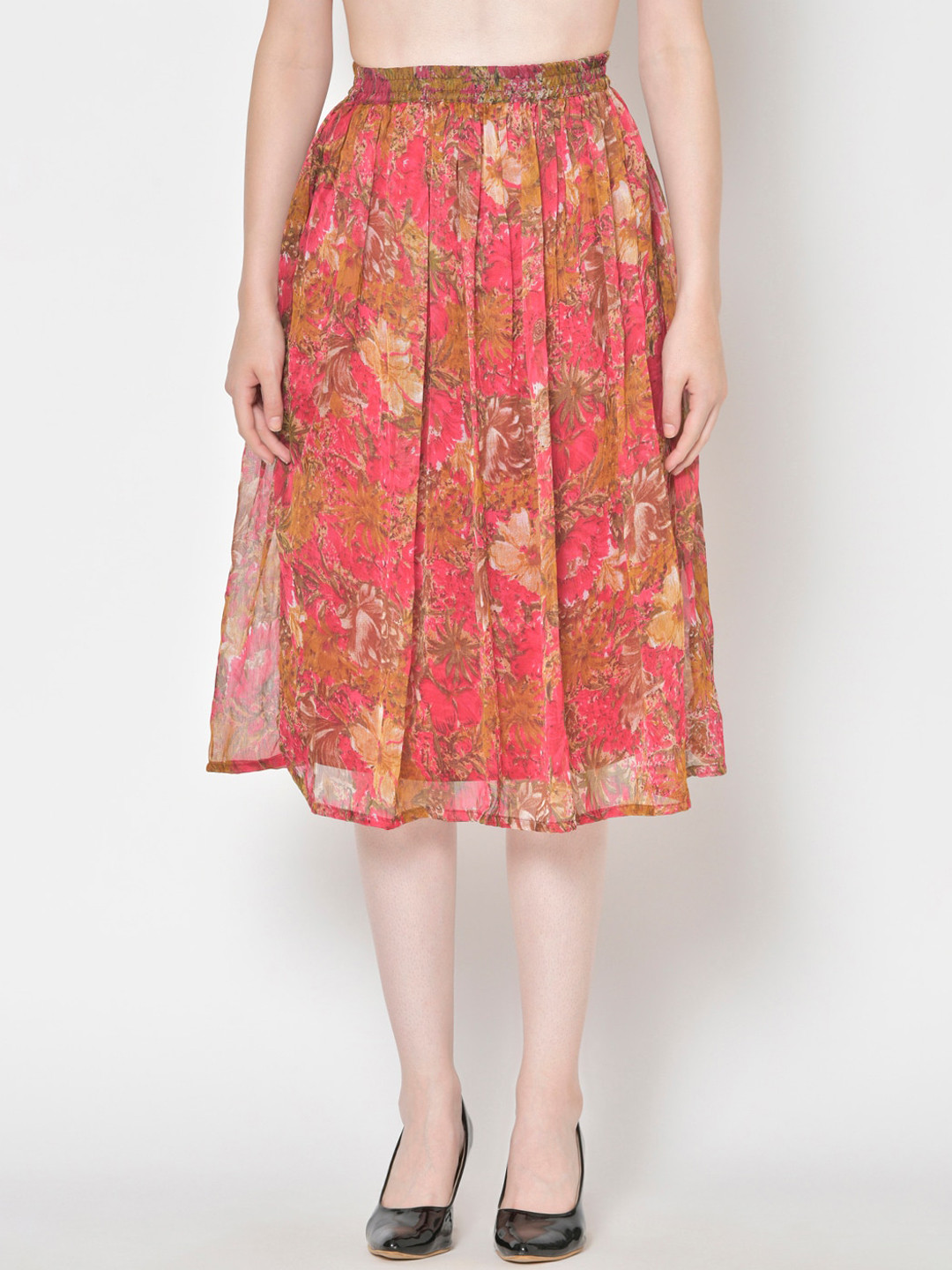 Cation Women Tan Brown & Pink Printed Flared Midi Skirt