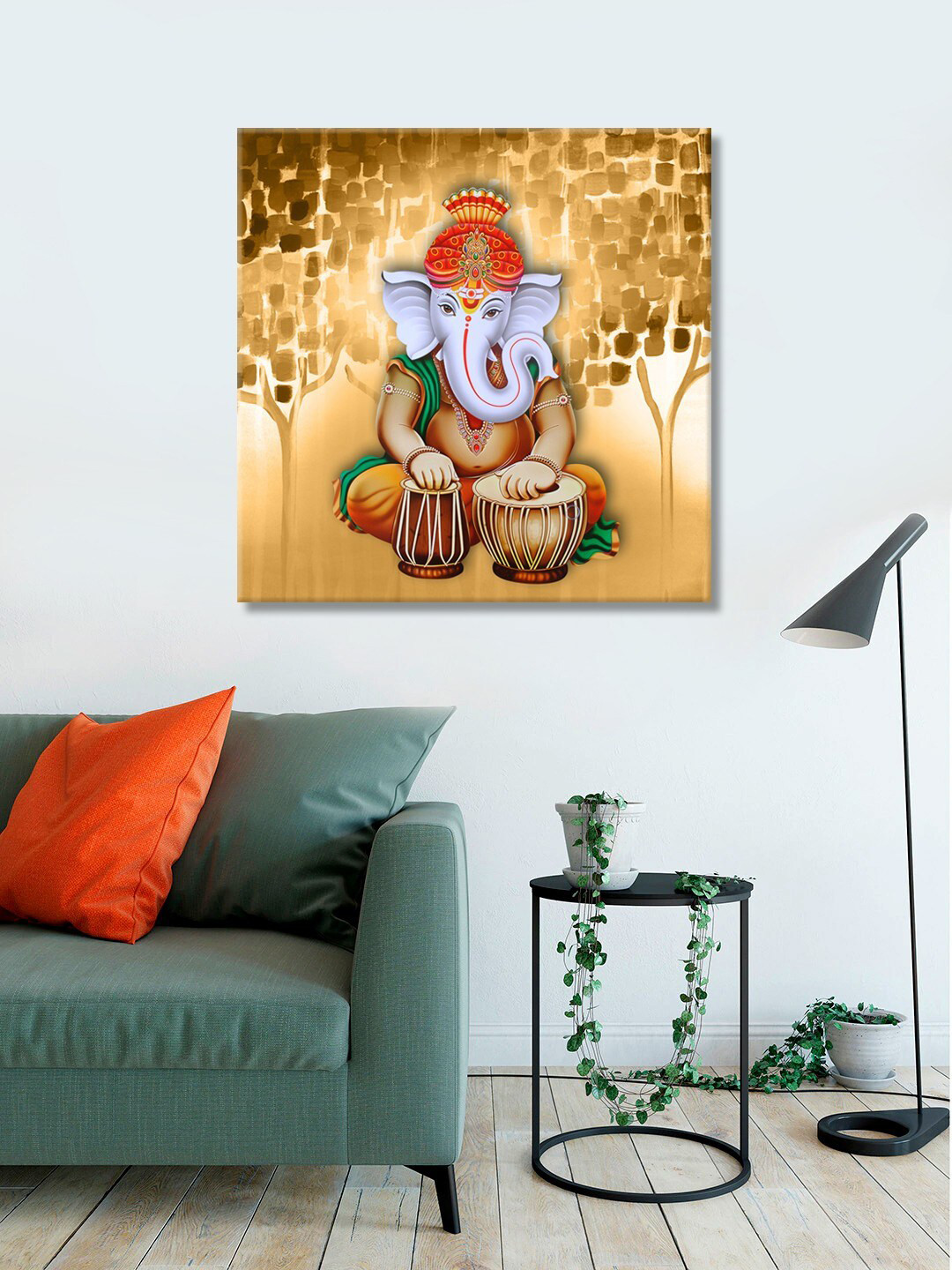 999Store Brown & Grey Digitally Printed Lord Ganesha Playing Tabla Wall Art