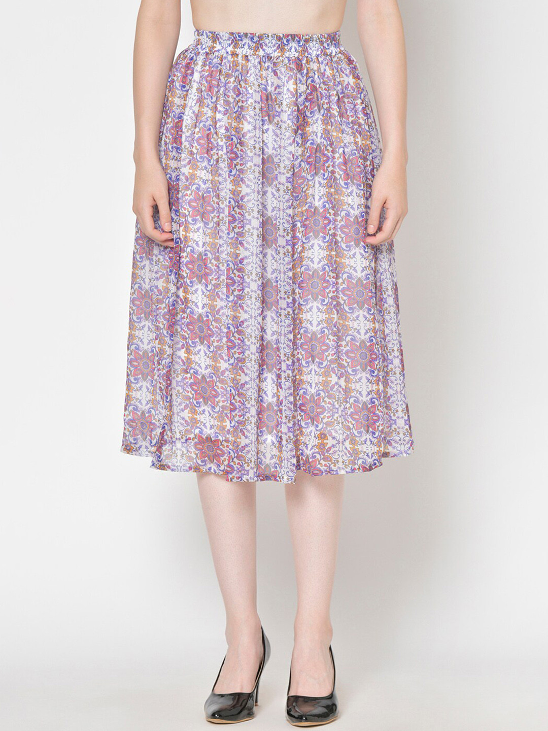 Cation Women White & Blue Floral Printed Flared Skirt