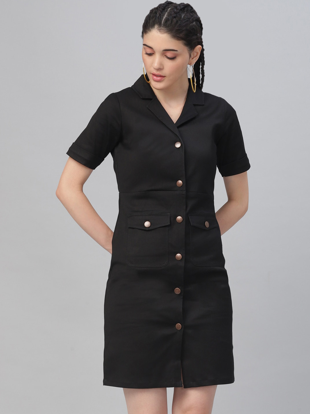 Athena Women Black Solid Denim Shirt Dress