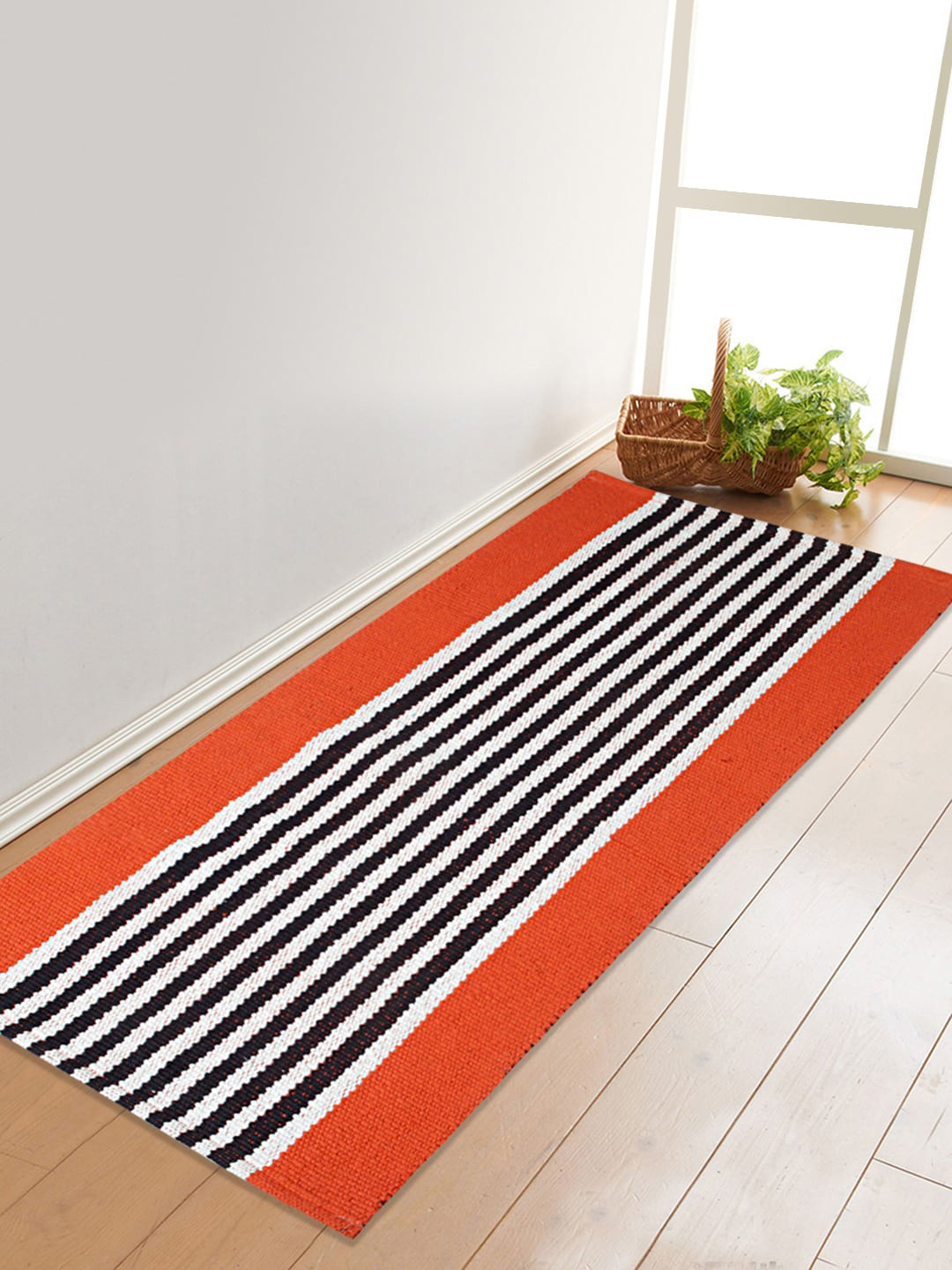 Saral Home Orange & Black Striped Pure Cotton Multi-Purpose Runner