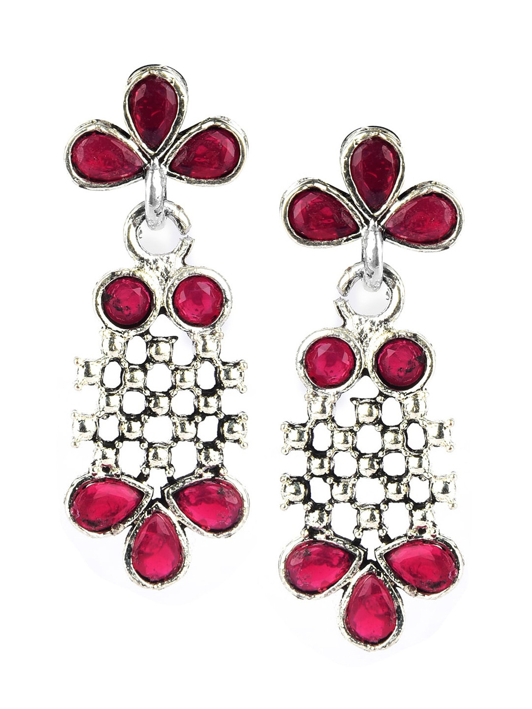 DESI COLOUR Silver-Toned & Red Floral Drop Earrings
