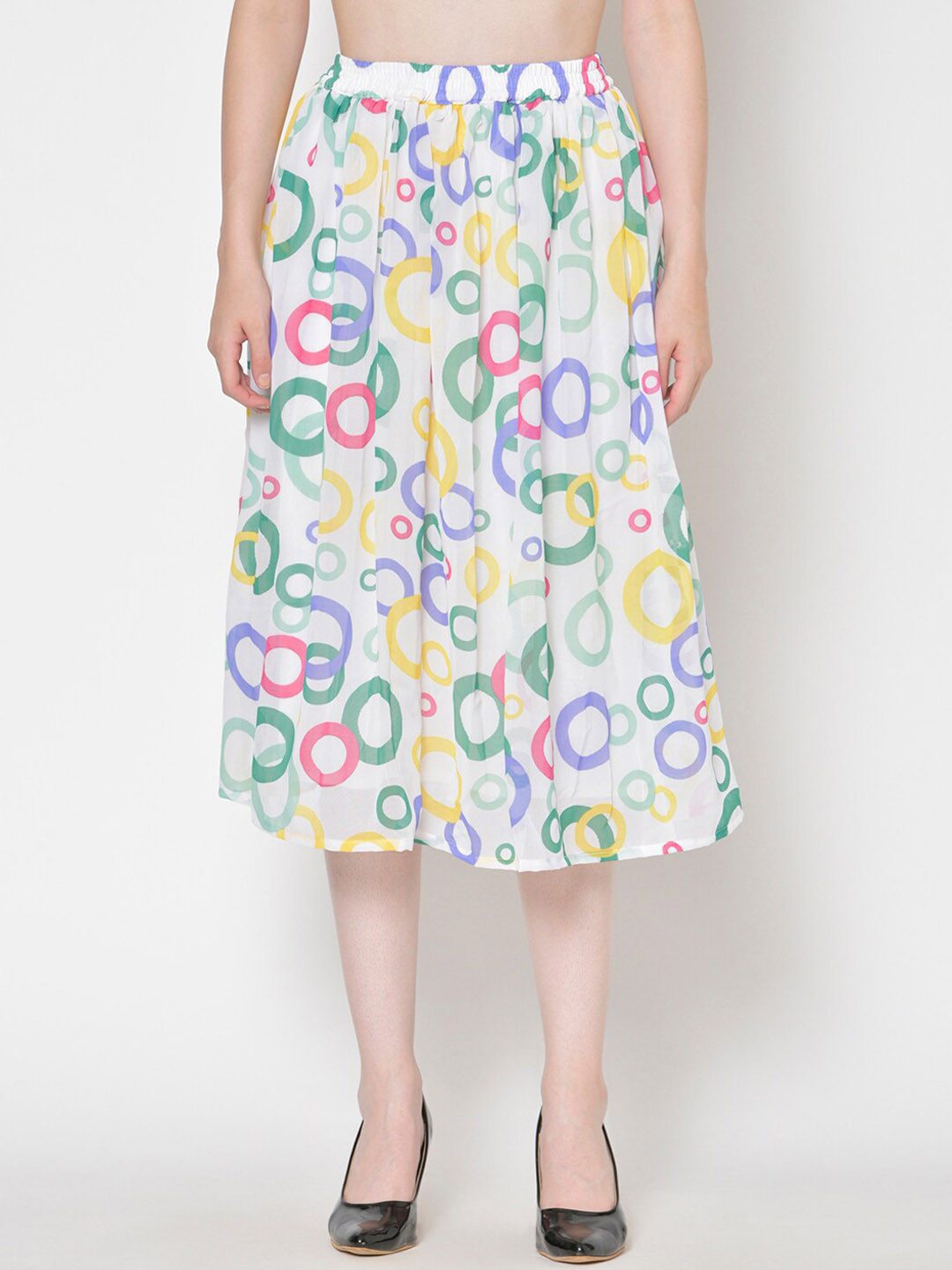 Cation Women White & Green Printed Flared Midi Skirt