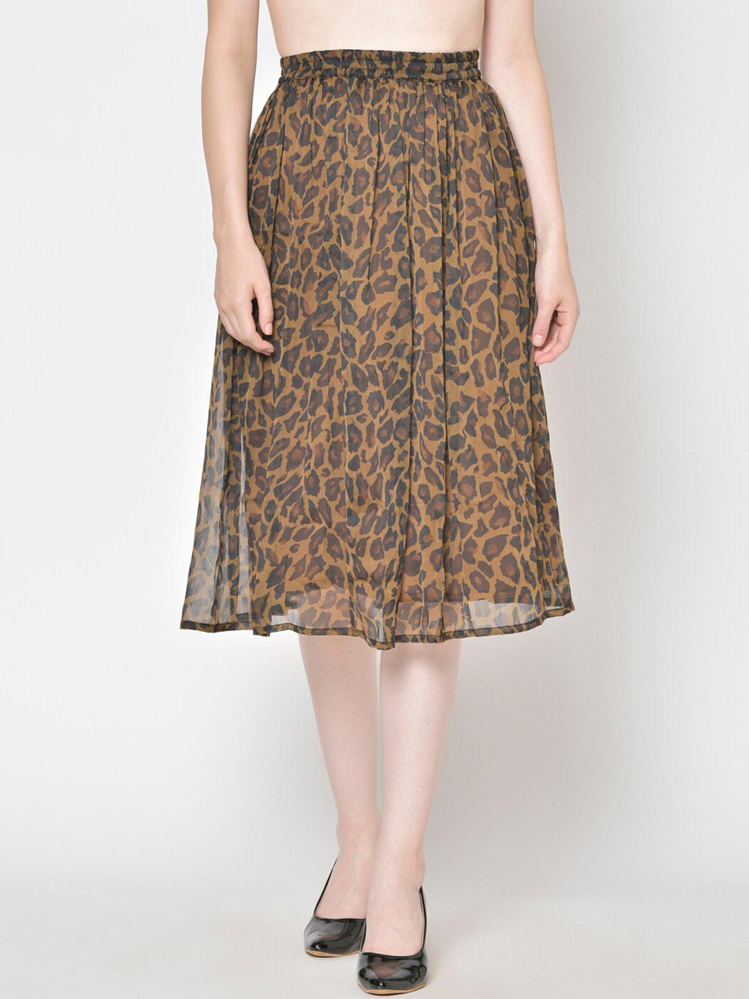 Cation Women Brown & Black Animal Printed Flared Midi Skirt
