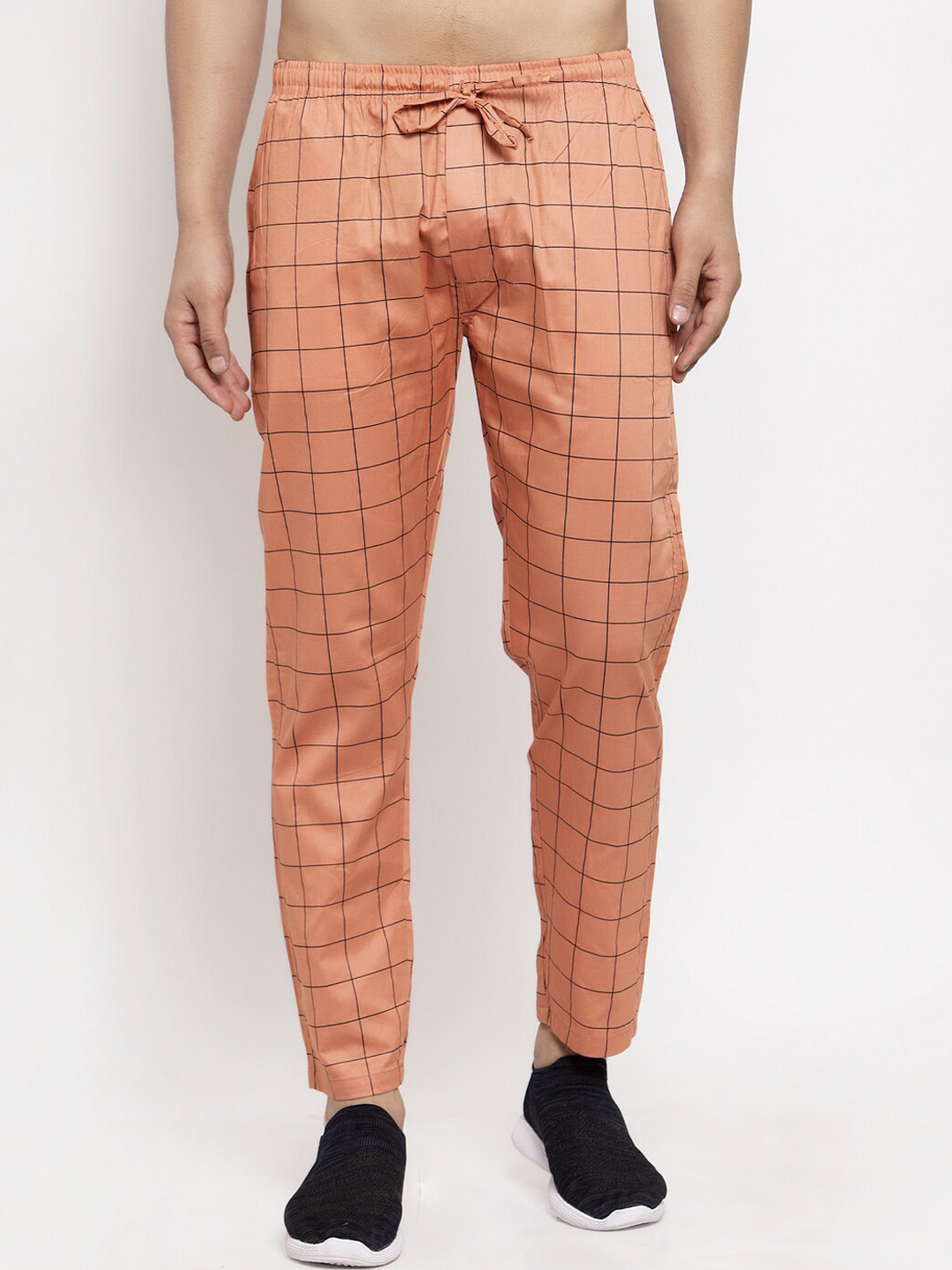 Jainish Men Orange & Black Checked Track Pants
