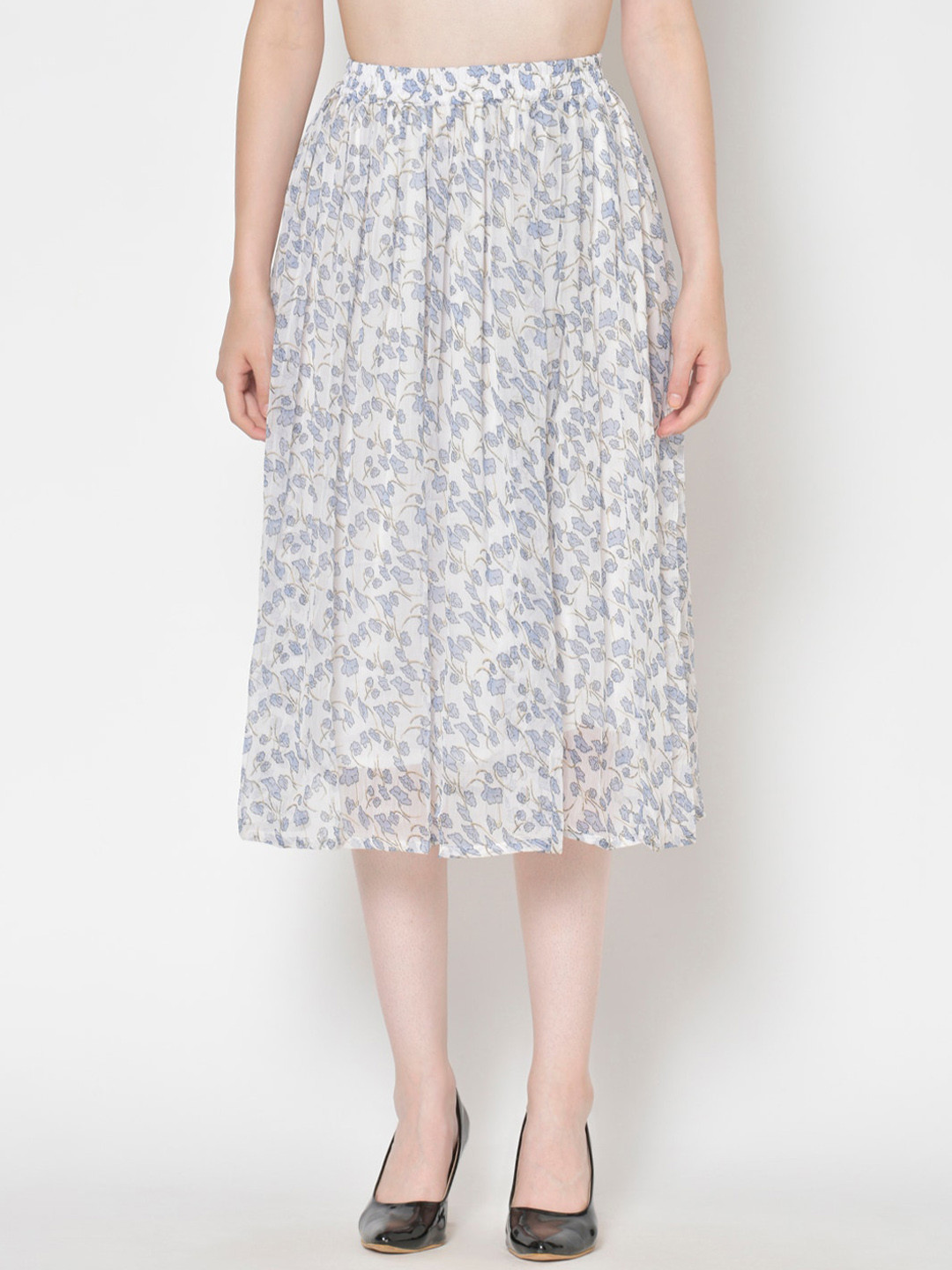 Cation Women White & Blue Floral Printed Flared Midi Skirt