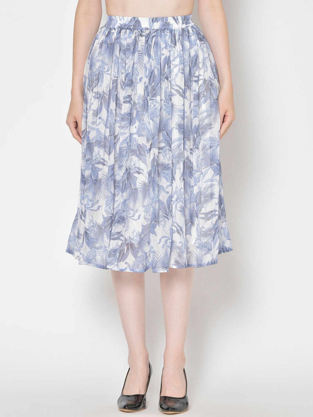 Cation Women White & Blue Printed Midi Skirt