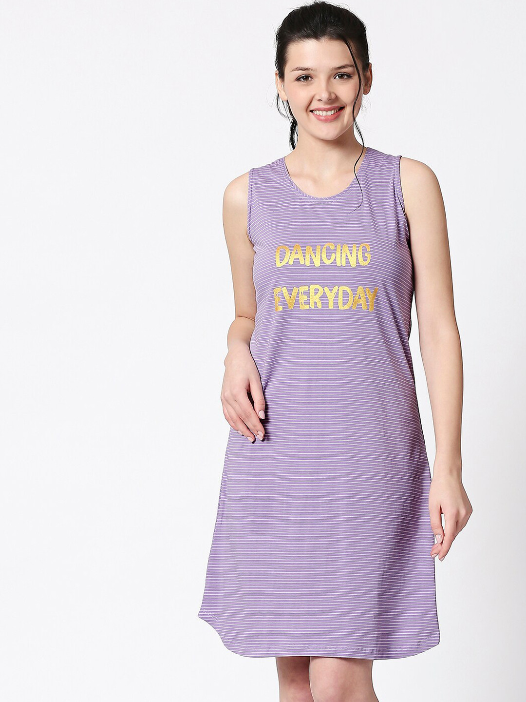 I like me Women Lavender & Yellow Striped Nightdress