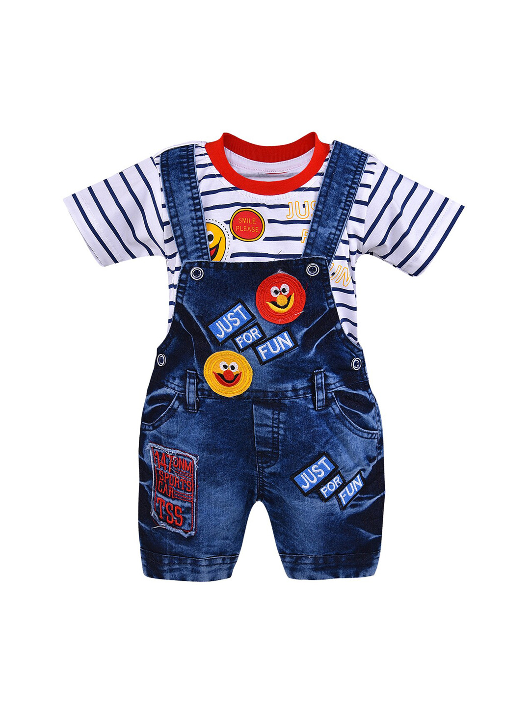 Wish Karo Kids Blue Embroidered Applique Denim Dungarees With T-Shirt