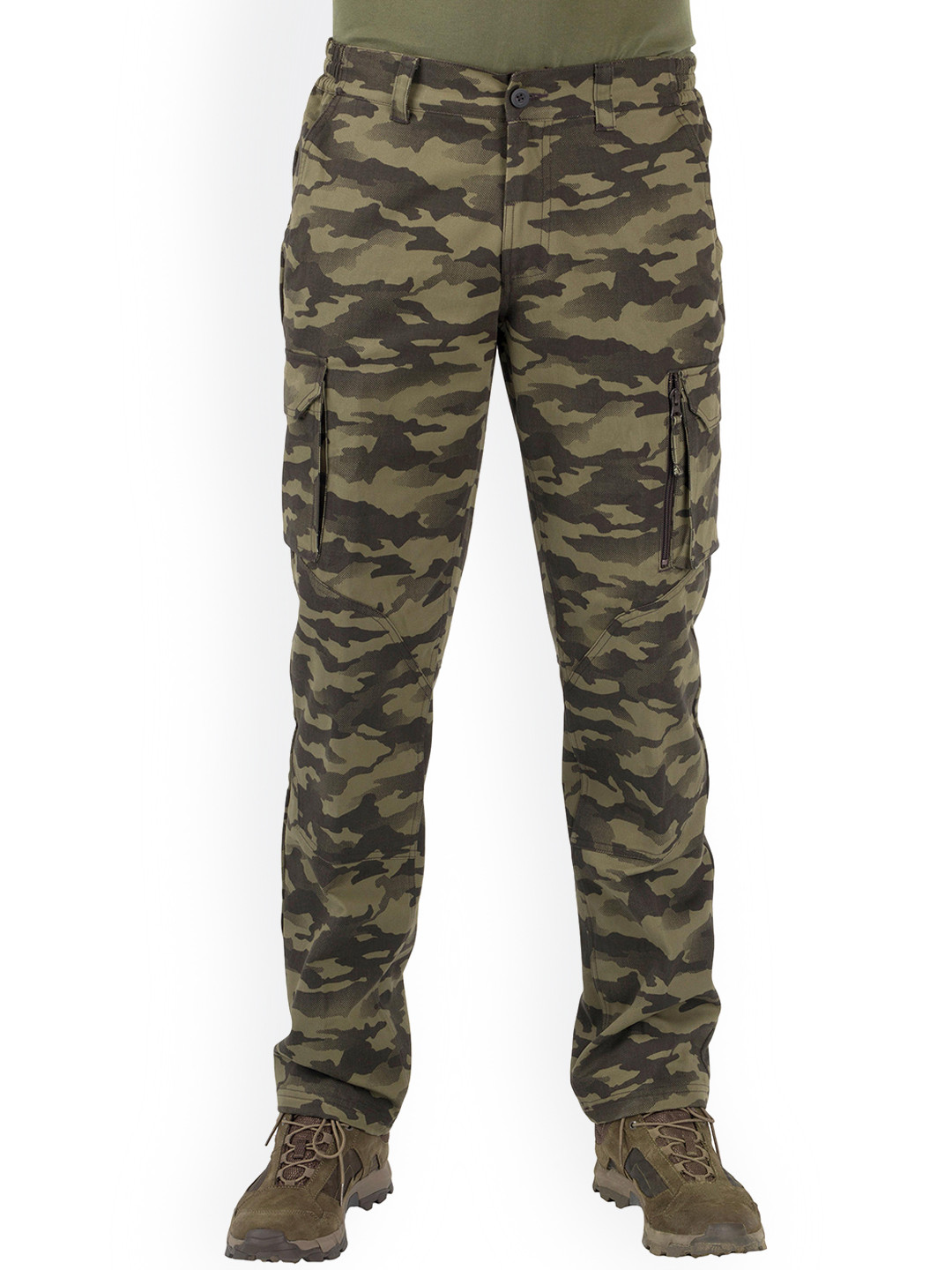 Decathlon SOLOGNAC - Men Olive Green & Khaki Regular Fit Hiking Cargo Trousers