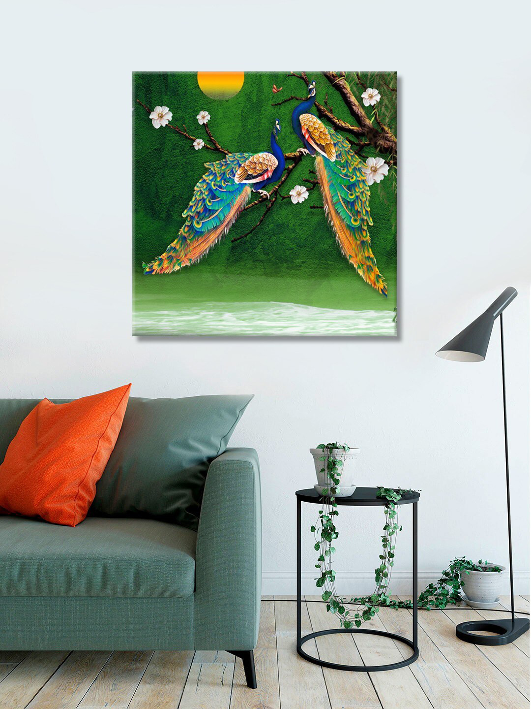 999Store Green & Blue Peacock Background & Tress Flowers With Sunrise Wall Art