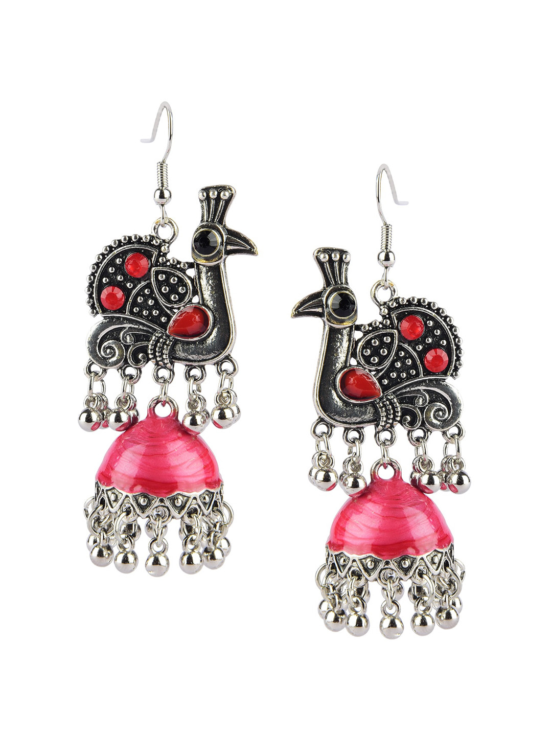 DESI COLOUR Silver-Toned & Red Dome Shaped Jhumkas
