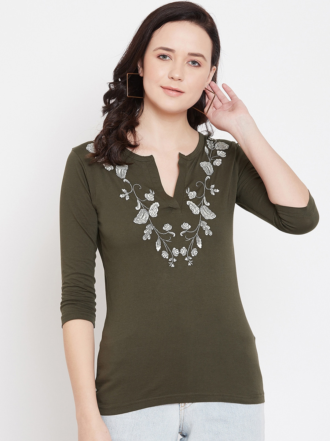 Hypernation Women Olive Green Self Design Mandarin Collar Pure Cotton T-shirt