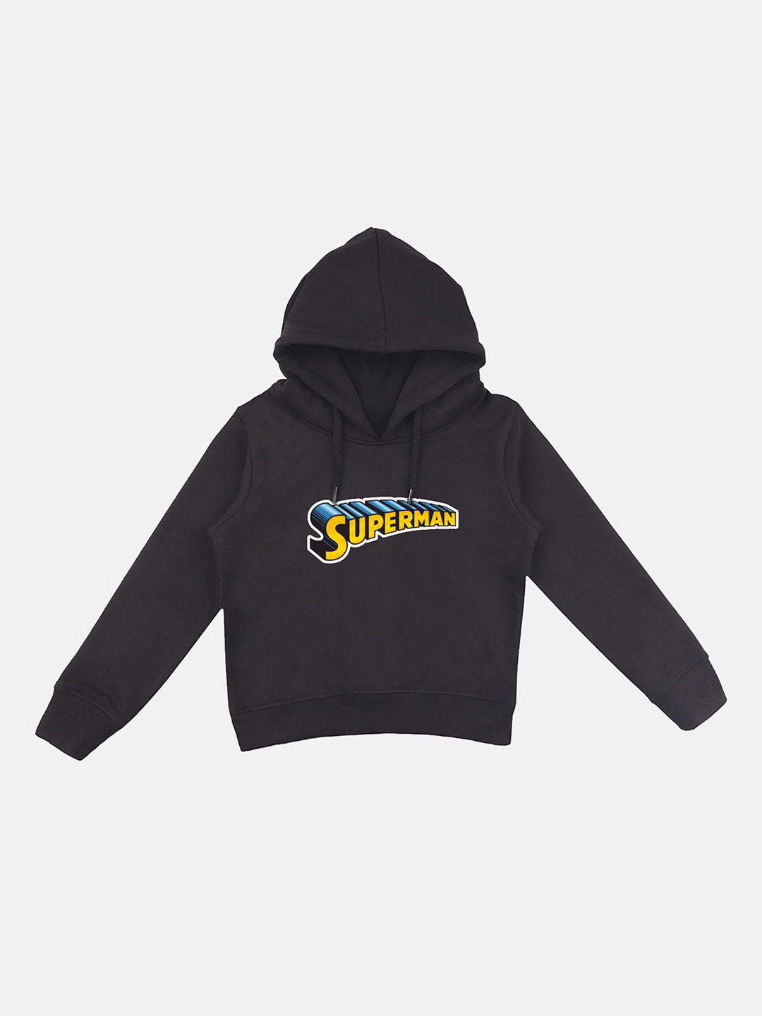 YK Justice League Boys Black Superman Print Hooded Sweatshirt With Attached Face Covering