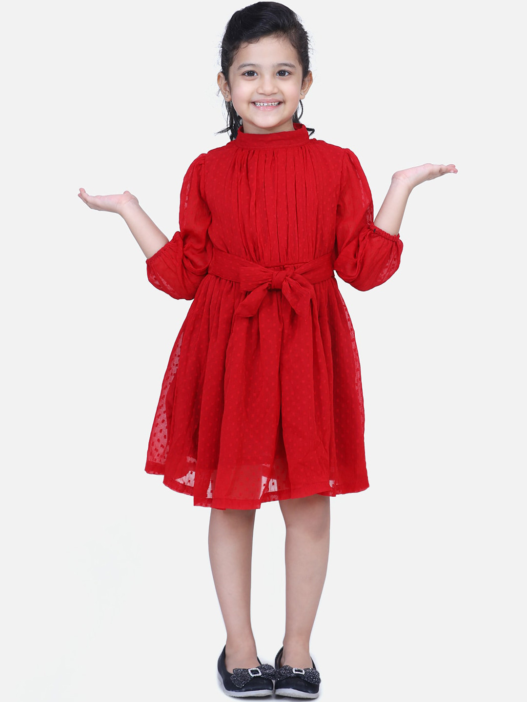 Fairies Forever Girls Red Self Design Fit and Flare Dress