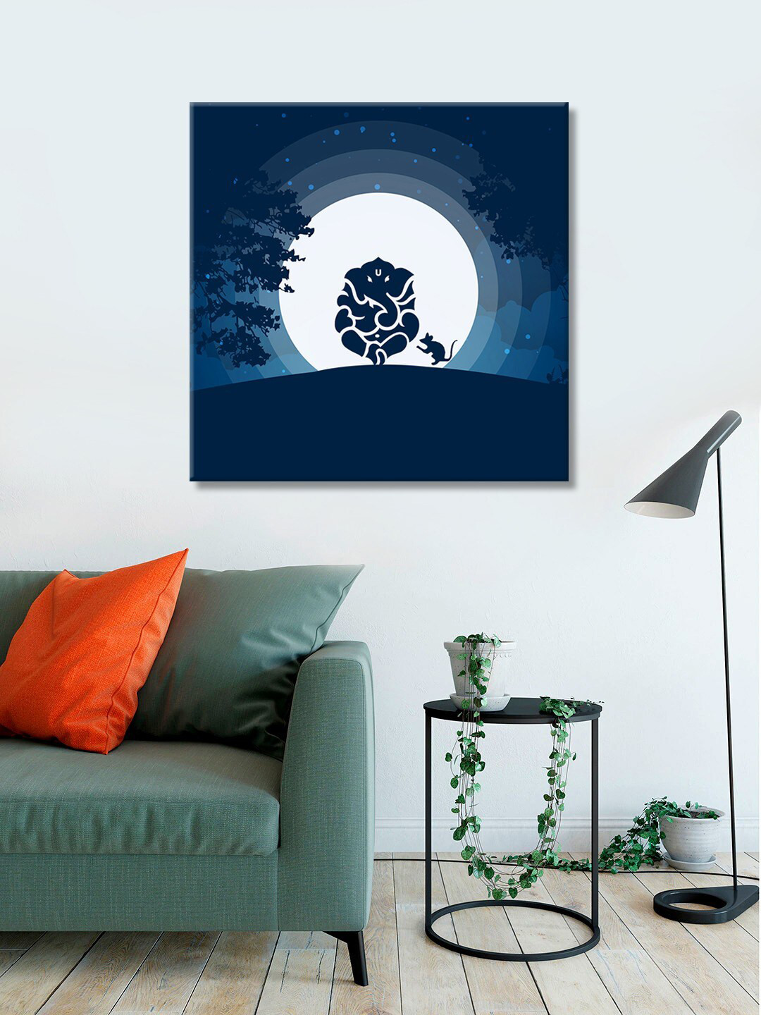 999Store Navy Blue & White Ganesha With Moon & Trees Background Printed Wall Art